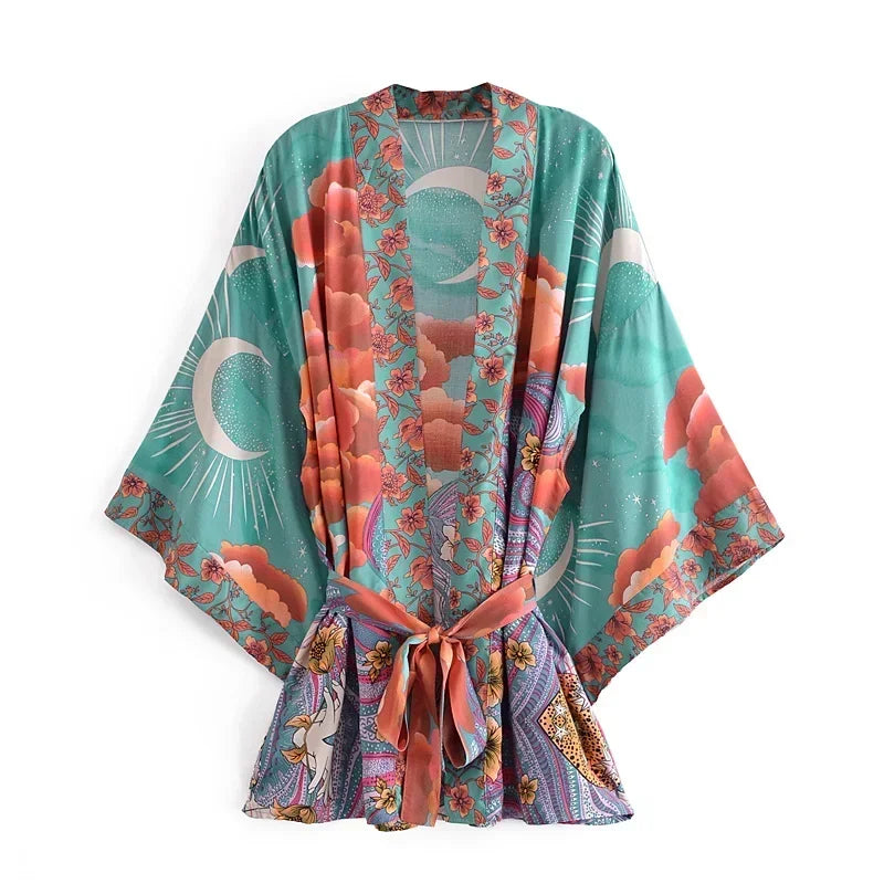 Boho Queens Women Floral Print Bat Sleeve Beach Bohemian Kimono Dresses Ladies v Neck Rayon Cotton Short Robe Kimono