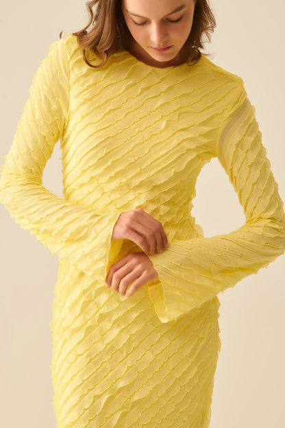 Butter Yellow Maxi Dress With Bias Mini Ruffle Design