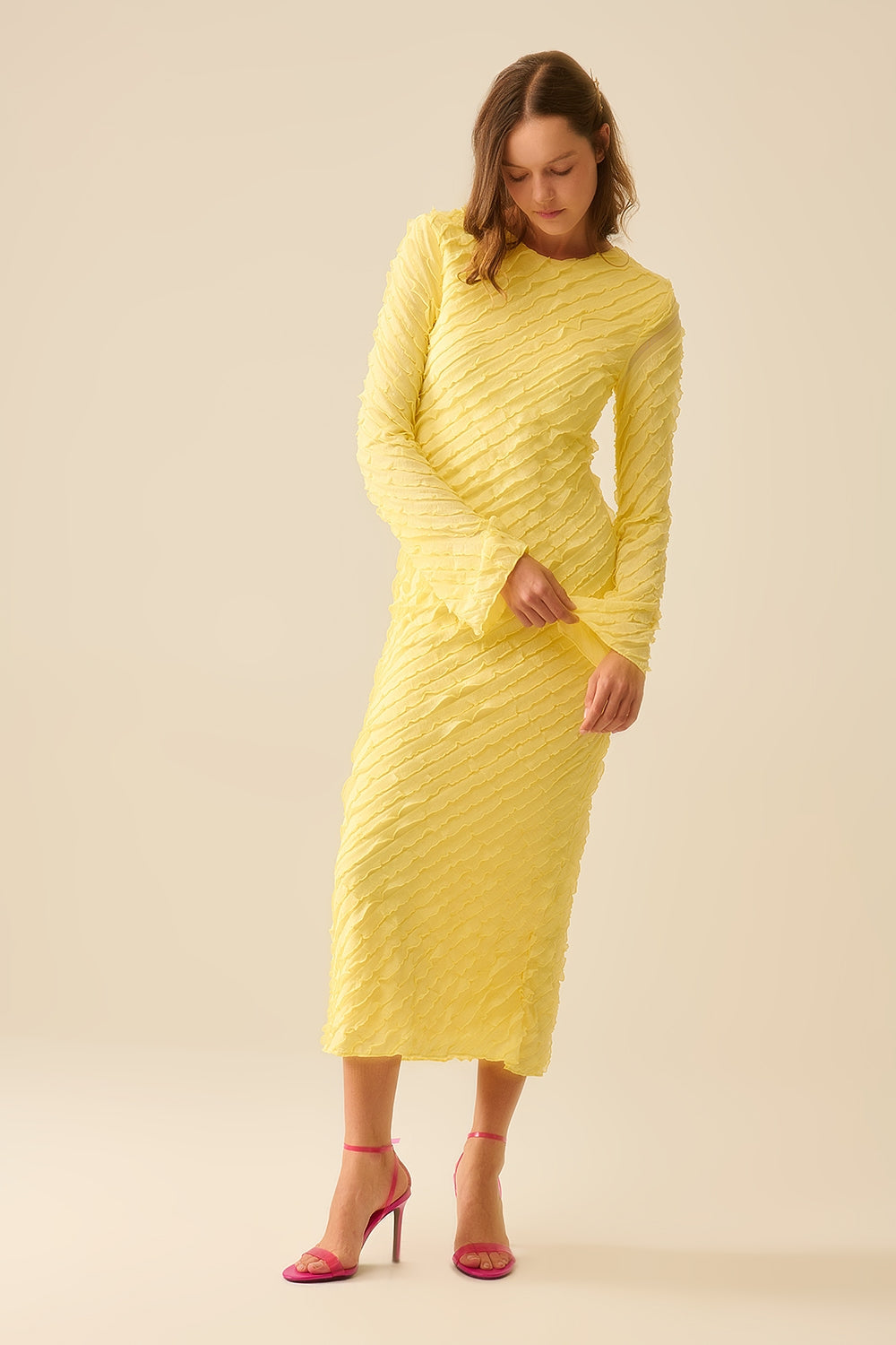 Butter Yellow Maxi Dress With Bias Mini Ruffle Design