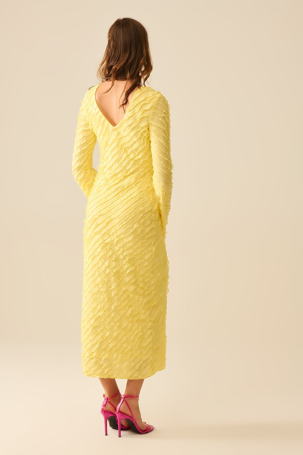 Butter Yellow Maxi Dress With Bias Mini Ruffle Design
