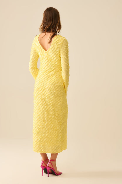 Butter Yellow Maxi Dress With Bias Mini Ruffle Design
