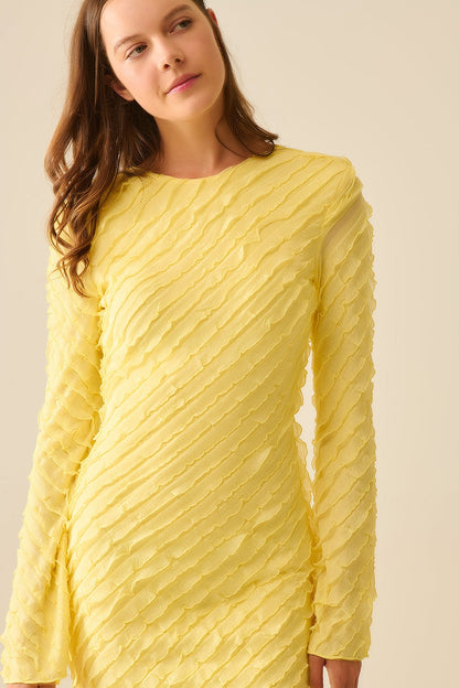 Butter Yellow Maxi Dress With Bias Mini Ruffle Design