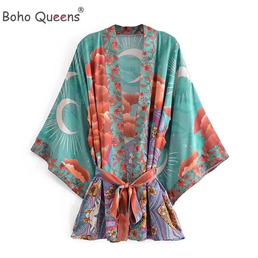 Boho Queens Women Floral Print Bat Sleeve Beach Bohemian Kimono Dresses  Ladies v Neck Rayon Cotton Short Robe Kimono